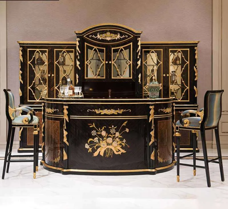 Black Lacquer Classical Home Bar with gilded ornamentation and curved counter, bespoke manufacturing by OE-FASHION.