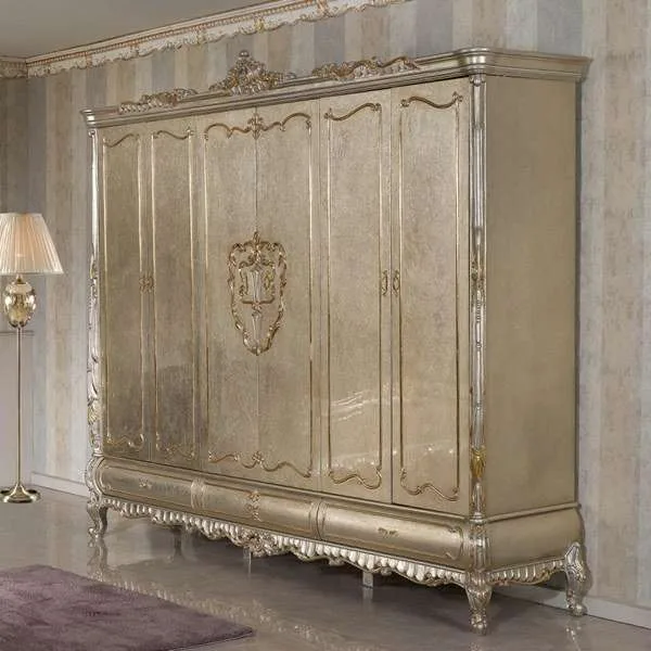 French Silver Leaf Armoire in champagne metallic finish, bespoke manufacturing by OE-FASHION.