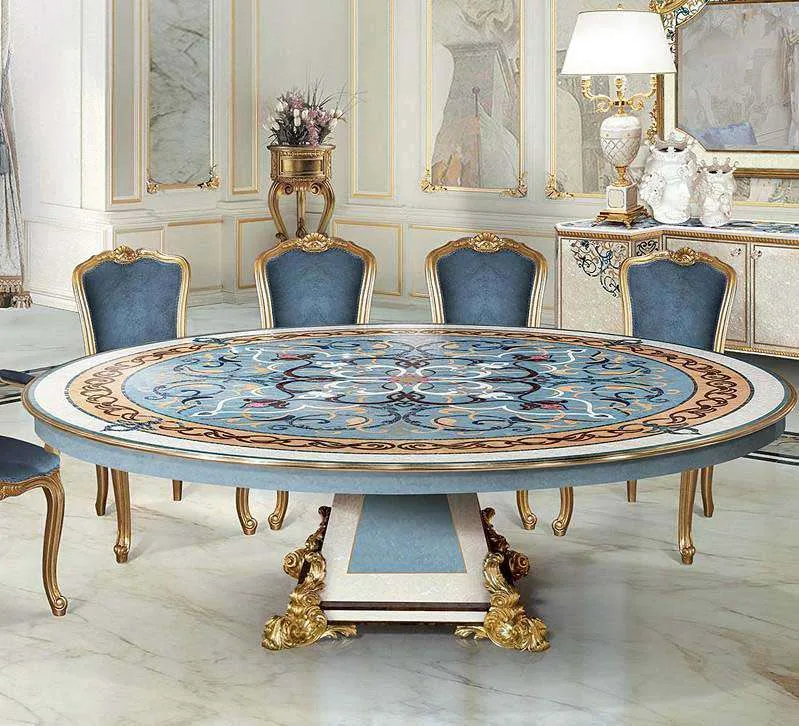 Bespoke Blue Marquetry Dining Table featuring a complex radial floral inlay top in azure and cream, supported by a gilded
