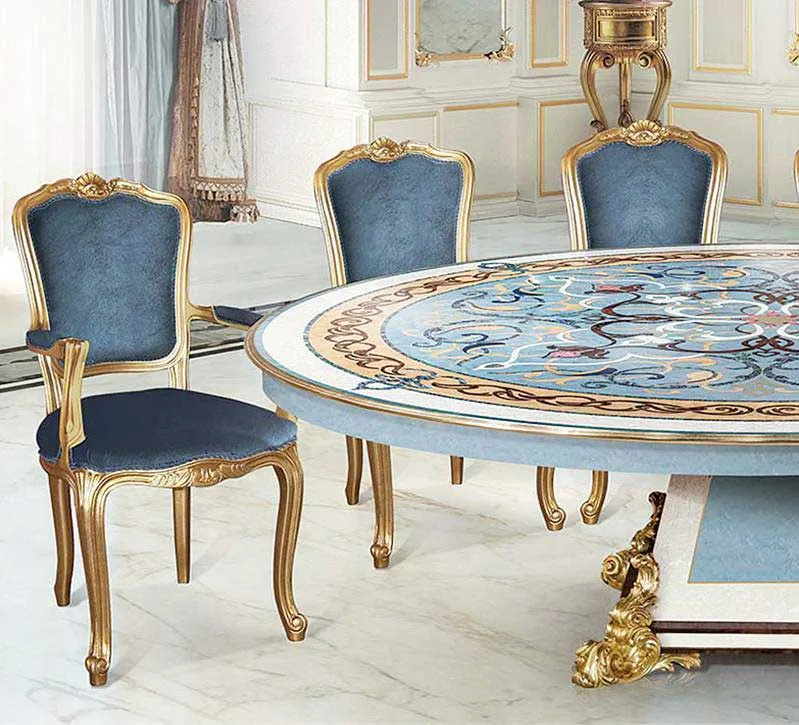 Blue Marquetry Dining Table: Grand Radial Inlay craftsmanship close-up – Dining tables design