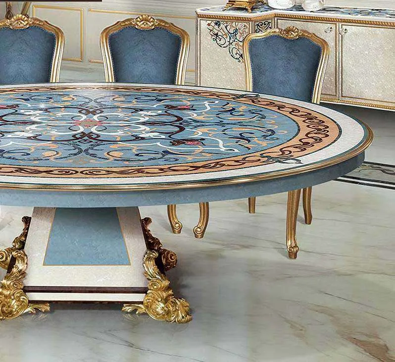 Blue Marquetry Dining Table: Grand Radial Inlay detail view – Dining tables design for Dining Room Ensemble