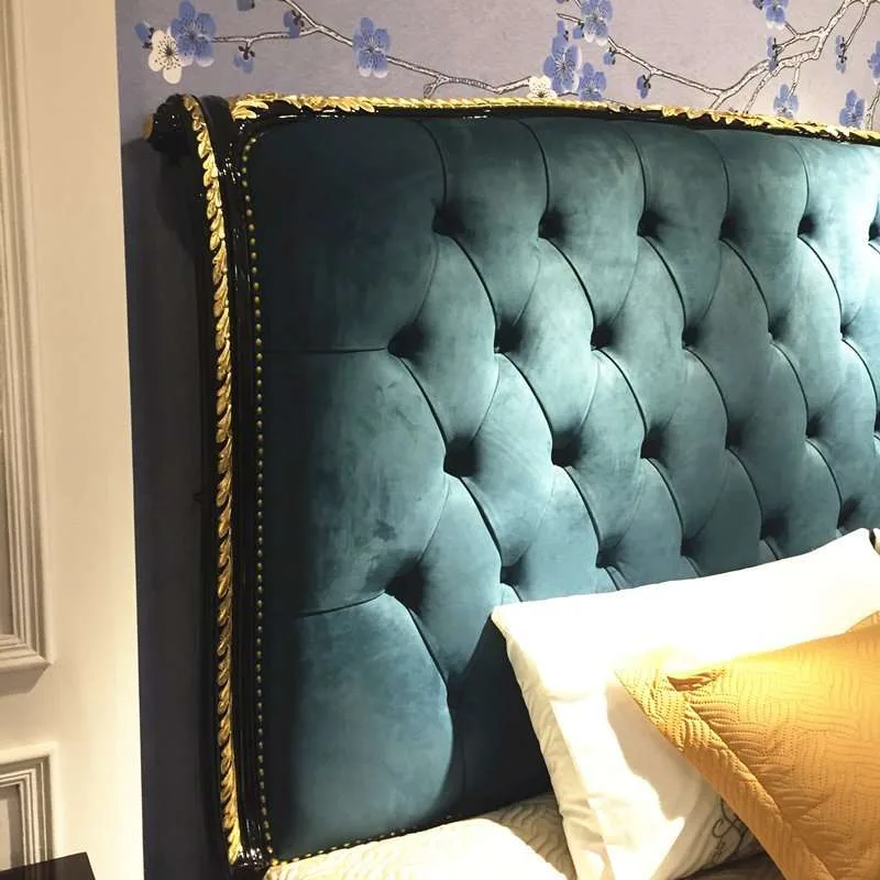 Bespoke Teal Velvet Wingback Bed: Black Lacquer Frame detail view – Beds design for Bedroom Suite