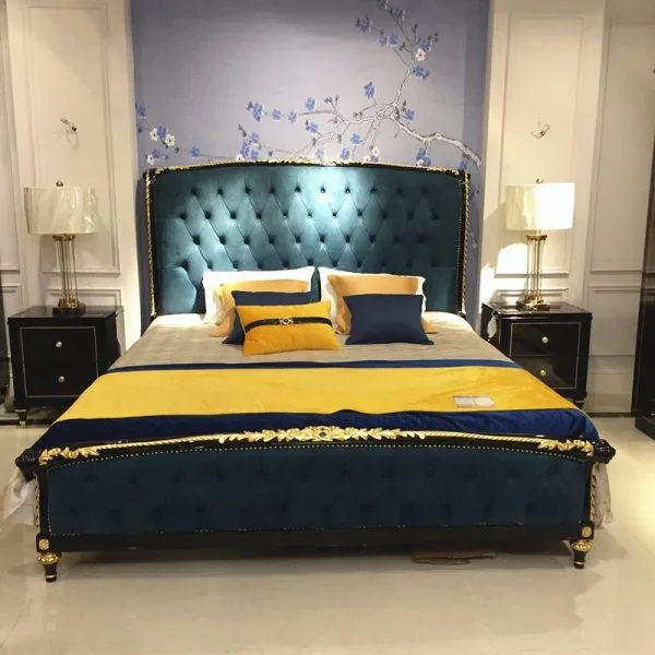 Bespoke Teal Velvet Wingback Bed featuring a high shelter headboard, diamond tufting, and a black lacquer frame with gold leaf detailing.