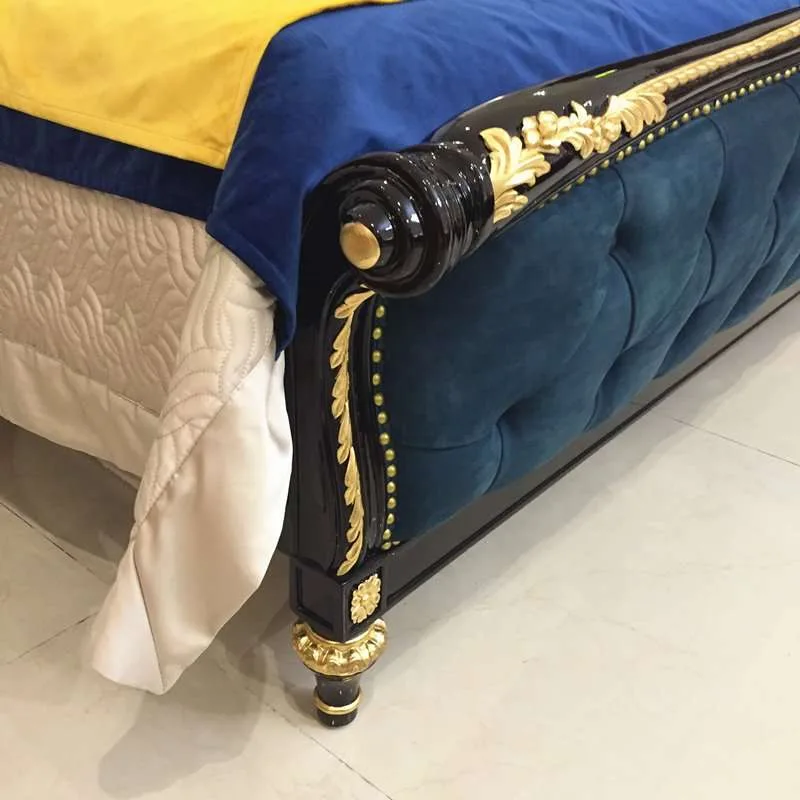Bespoke Teal Velvet Wingback Bed: Black Lacquer Frame craftsmanship close-up – Beds design