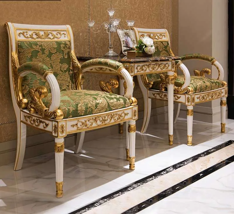 Bespoke Gilded Neoclassical Armchair featuring white lacquer frame, hand-applied gold leaf detailing, and green damask