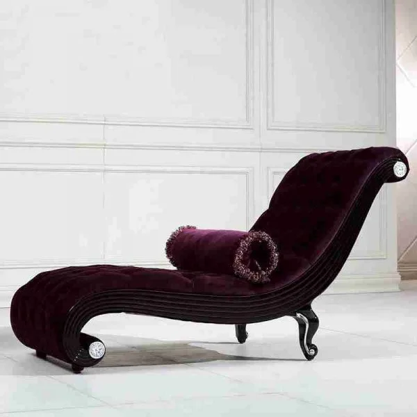 Sculptural S-curve chaise lounge upholstered in Aubergine velvet with a high-gloss piano black frame and crystal-inlaid scroll terminals.
