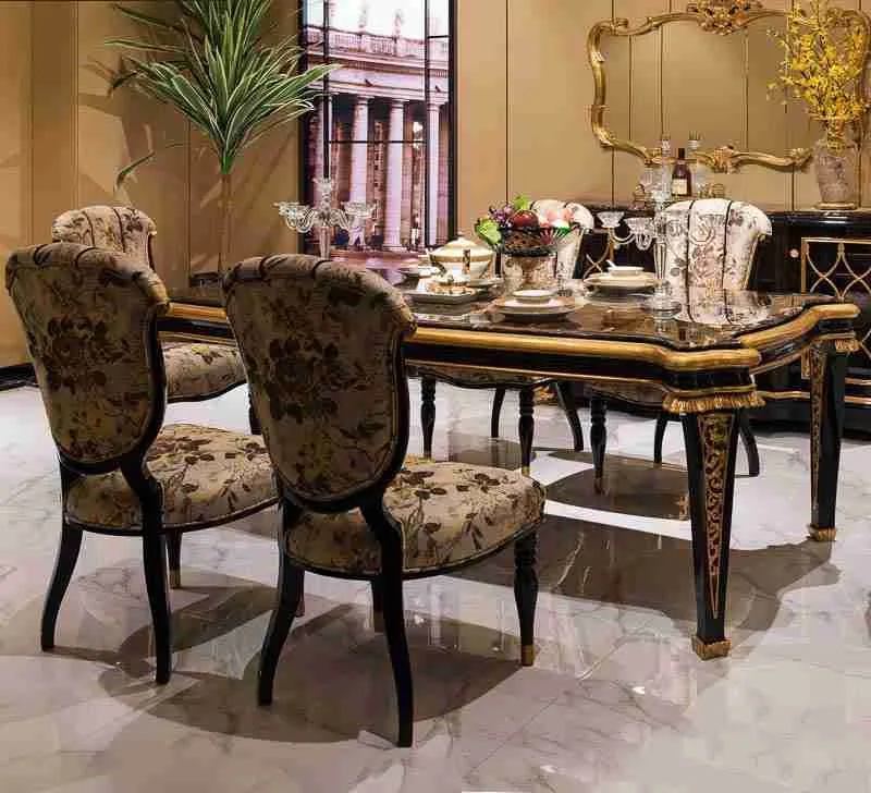 Neo-Classical Black Gold Marble Dining Table Set
