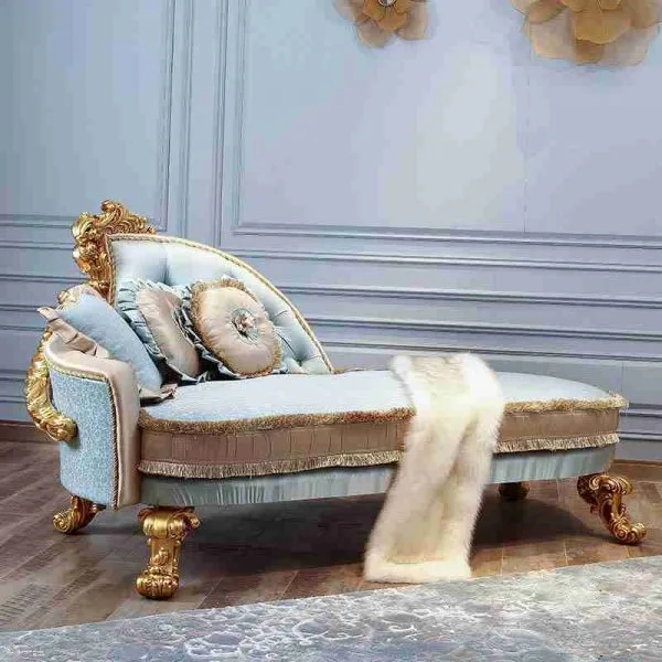 Bespoke Rococo chaise longue with gilded hand-carved frame engineered for cyclic loading in luxury hospitality environments