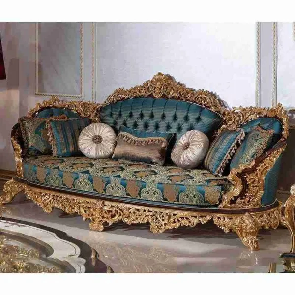 Luxury blue couch with wood carved