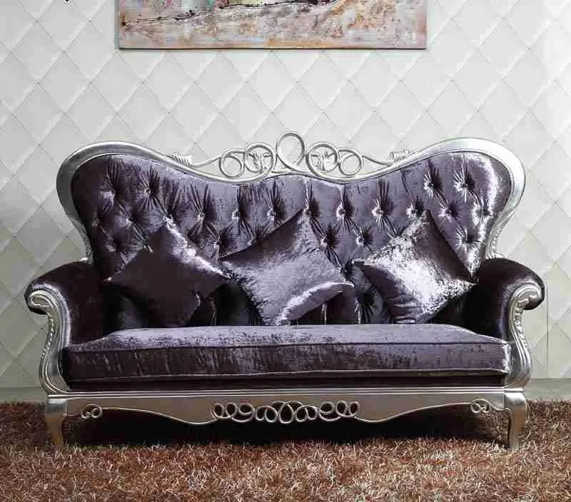 Rococo Style Silver & Purple Velvet Sofa Set