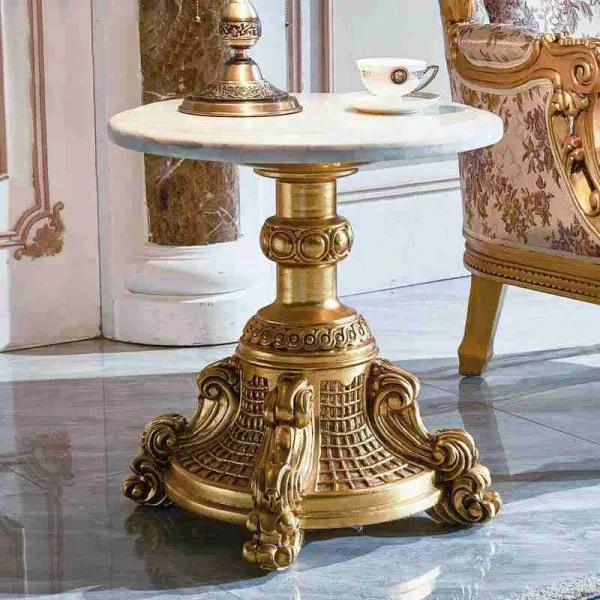 Empire Giltwood Pedestal Table with Lattice Relief anchors the floor plane with a reticulated gold base and polished marble surface.