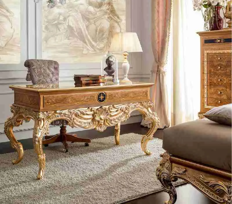 Architectural Baroque Gilded Walnut Writing Desk craftsmanship close-up – Office Space design