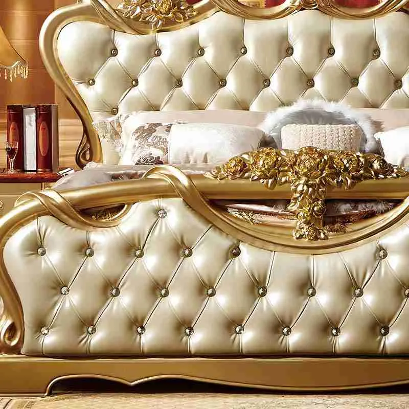 Carved Golden Leather Bed craftsmanship close-up – Beds design