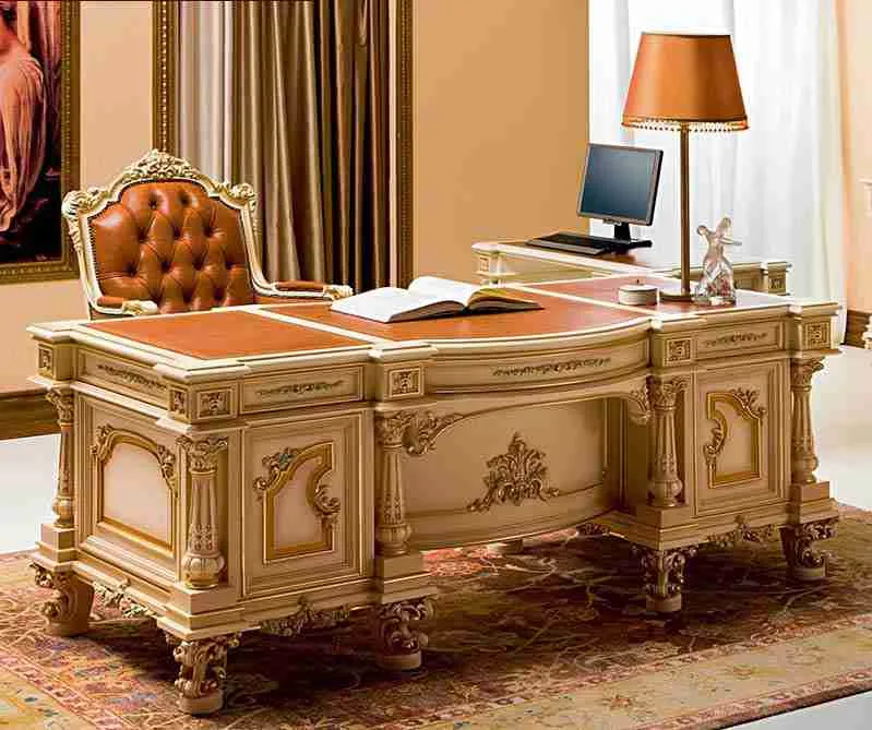 Architectural Neoclassical Ivory and Gold Executive Desk