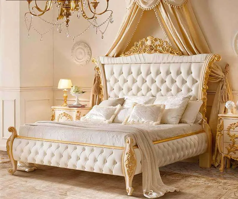 Carved Tufted Gold Leaf Bed