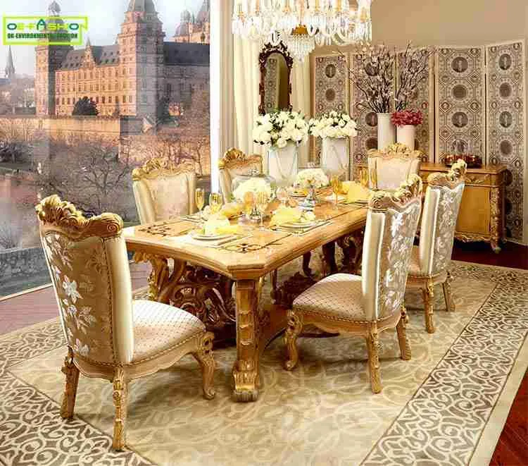 Custom Gold Solid Wood Dining Table Set for 6-8