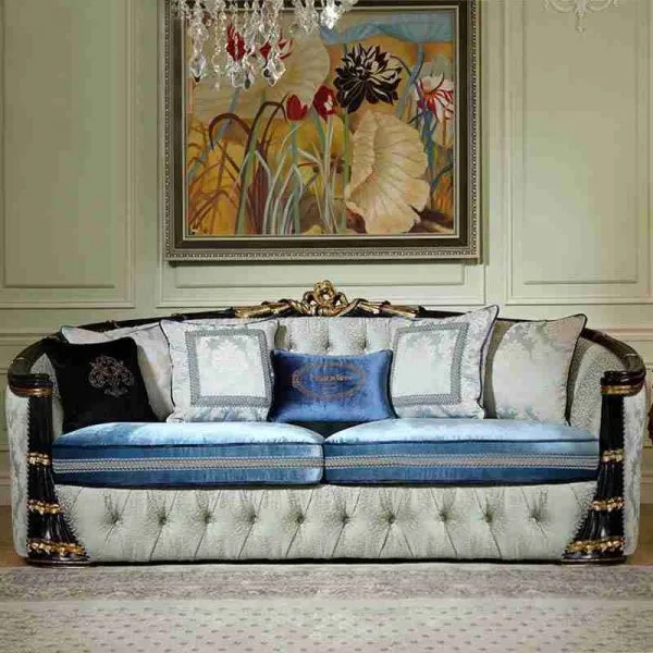 Bespoke Gilded Neo-Baroque Sofa Set crafted in high-gloss black lacquer and slate blue velvet, displaying hand-carved floral motifs and tufted upholstery with architectural clarity.