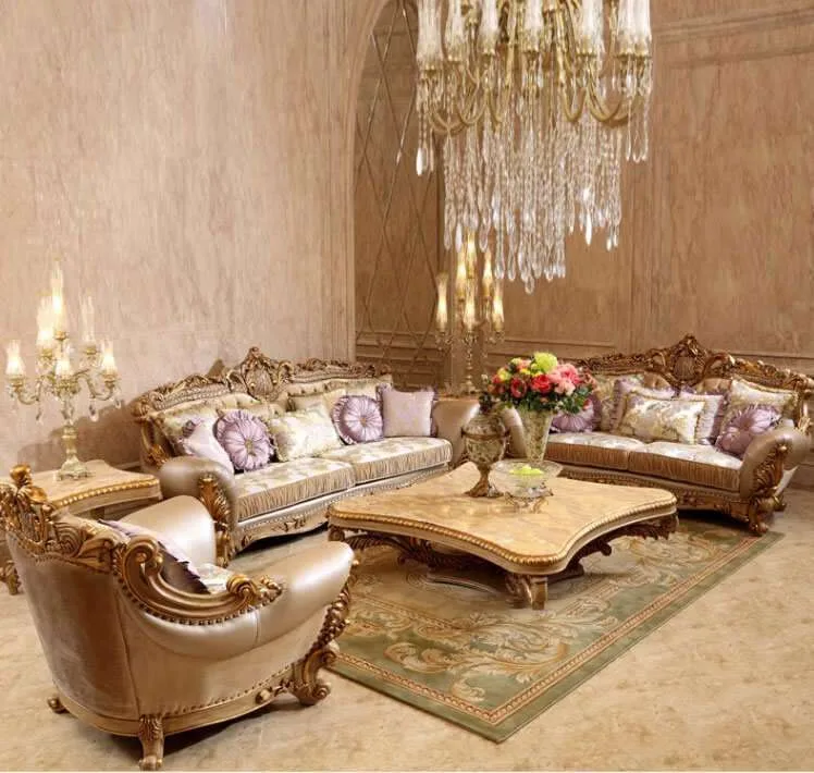 Luxury gold sofa with wooden carving - Image 6