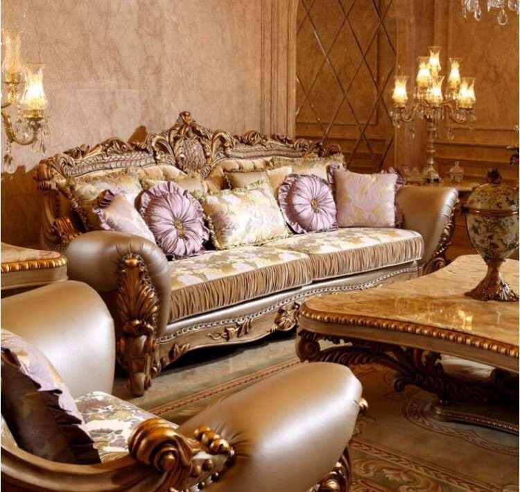 Luxury gold sofa with wooden carving - Image 7