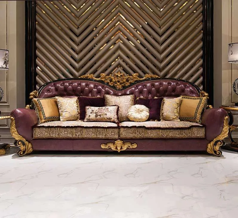 Baroque Burgundy Leather Sofa | Gold Leaf & Tufted