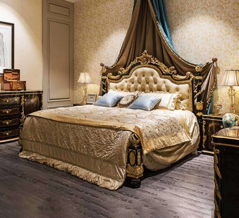Hand-Carved Black Lacquer Baroque Bed
