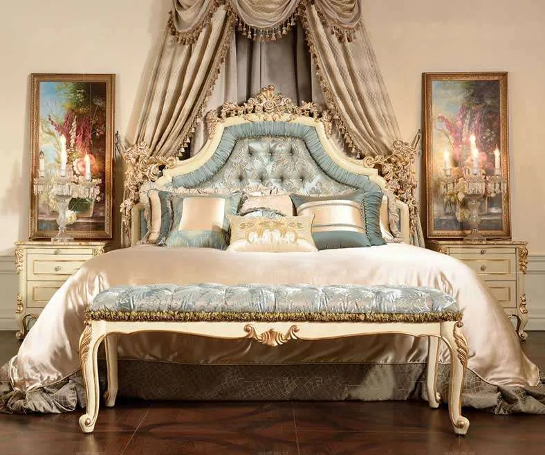 Rococo Ivory Bed with Ruched Blue Headboard