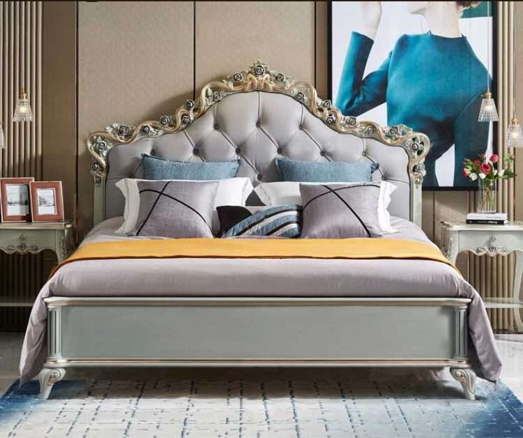 OE-FASHION Luxury custom leather headboard queen bed, French style beds with headboard, Wood Platform Bed Frame with Headboard