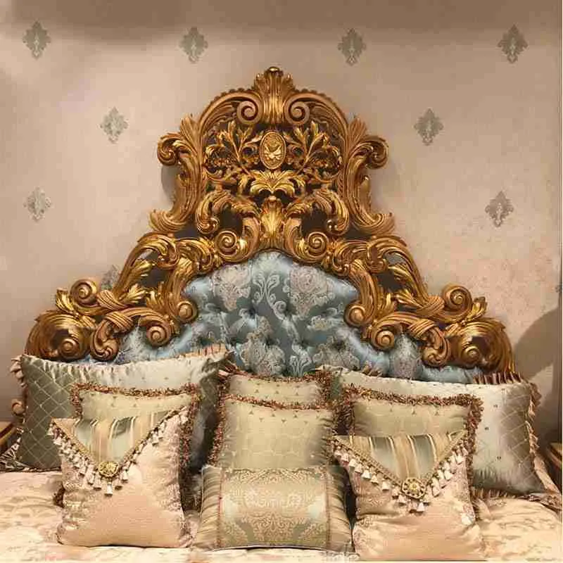 Antique Gold Baroque Bed with Teal Tufted Headboard detail view – Beds design