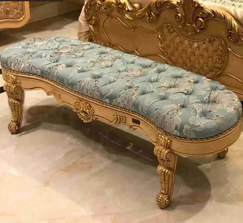 Antique Gold Baroque Bed with Teal Tufted Headboard craftsmanship close-up – Beds design