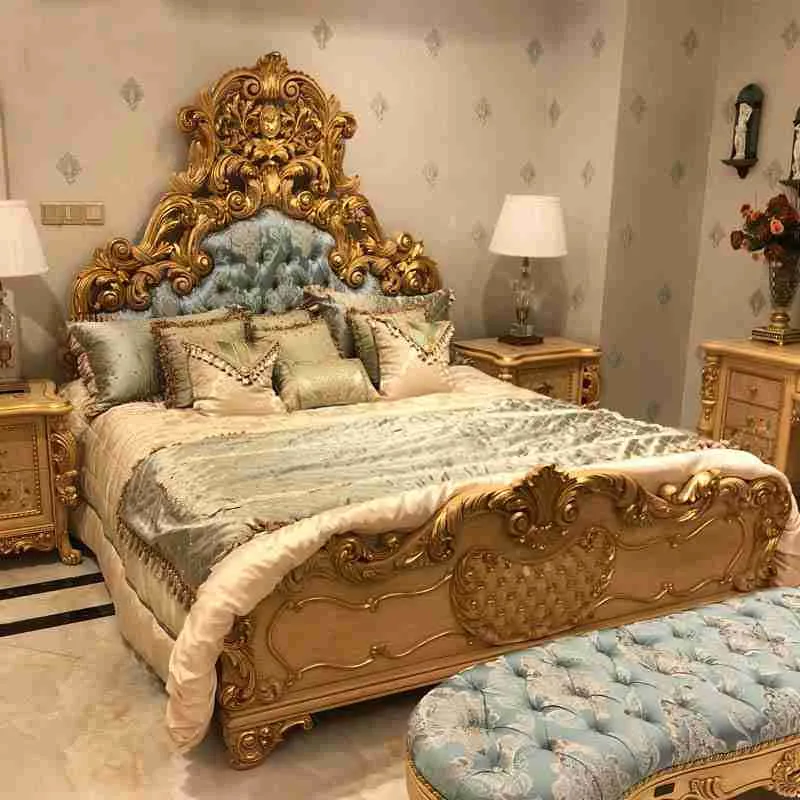 Antique Gold Baroque Bed with Teal Tufted Headboard displaying monumental pierced carving and diamond capitonné.