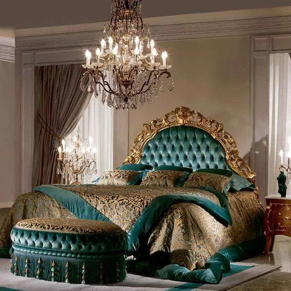 King Green Fabric Bed Frame: Luxury and Hand-Carved Elegance