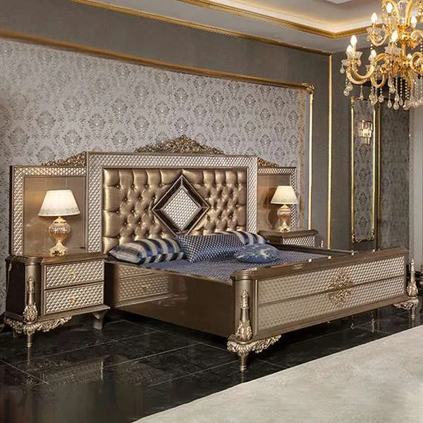 Golden Glamour: Tufted King Bed & Nightstands detail view – Beds design