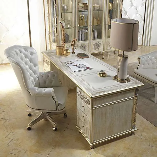 Neoclassical White Executive Desk craftsmanship close-up – Office Space design
