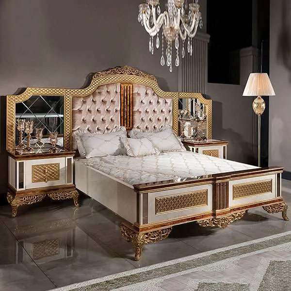Custom luxury wooden bed frame with headboard for home furniture