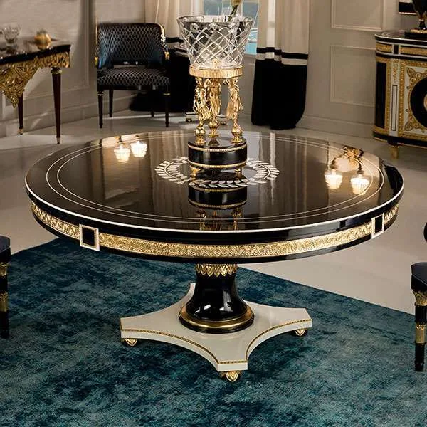 Custom Luxury solid wood Black round dining table and chairs for home furniture