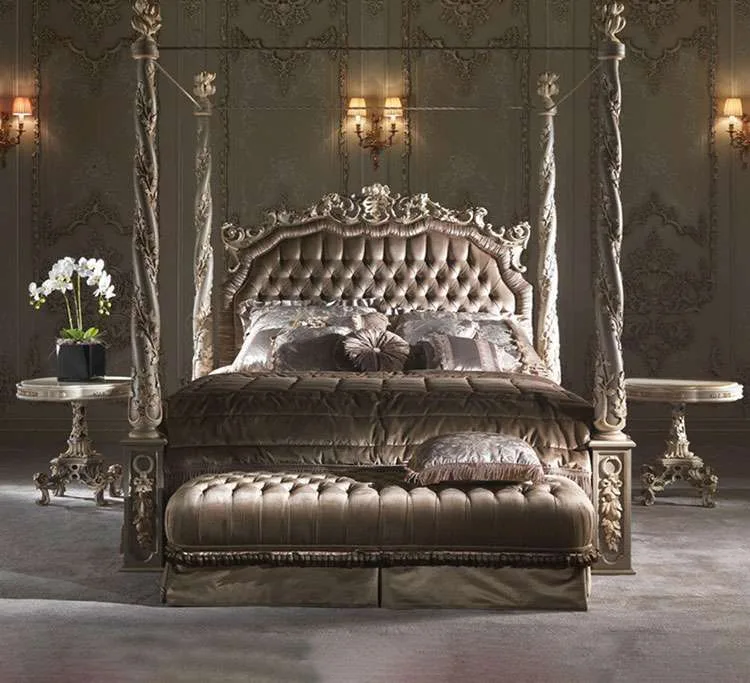 Custom Luxury Grey button fabric bed with mosquito net frame