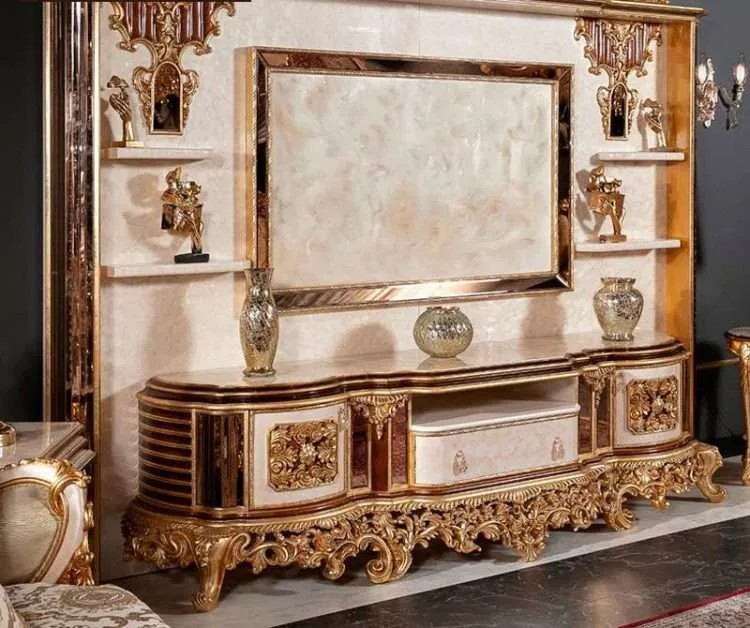 Bespoke Hand-Carved Gilded Rococo Palace Living Room Suite: Grand Villa Seating – reference view – tv stand 3 e1649987064497