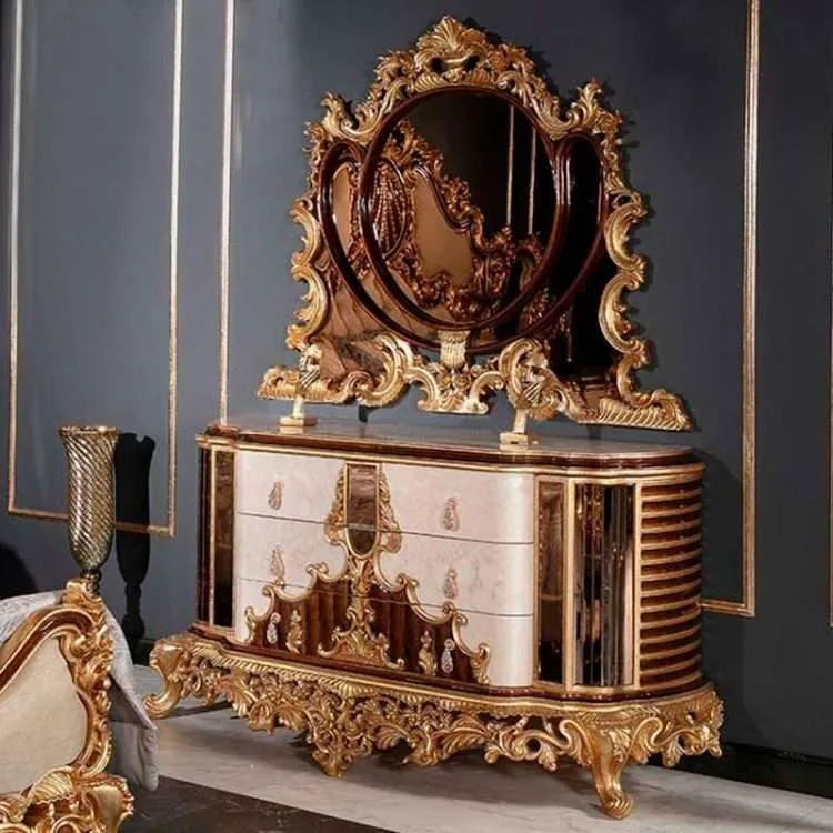 LUXURY GOLD WOOD CARVED MAKE UP TABLE WITH MIRROR