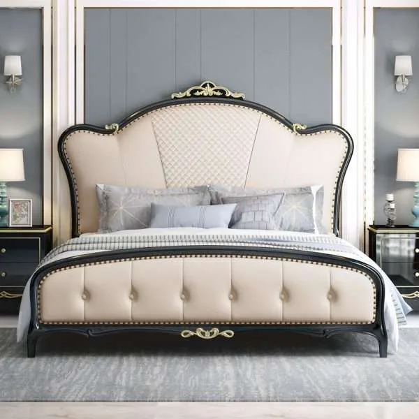 OE-FASHION American style wooden bed frame with leather headboard