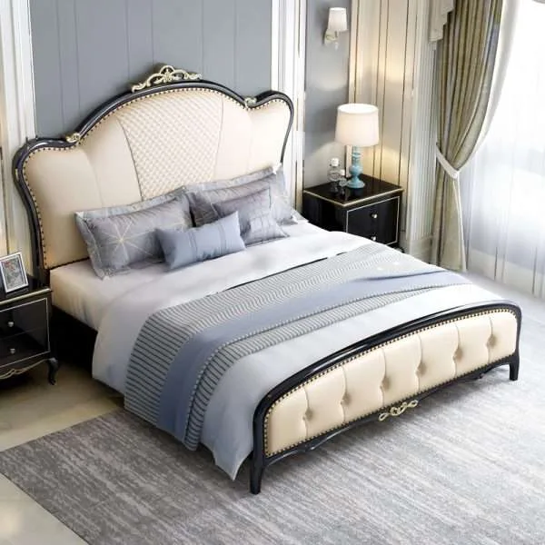 OE-FASHION American style wooden bed frame with leather headboard