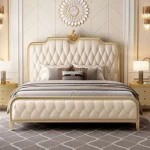 OE-FASHION American style light luxury solid wood wedding bed, gold leather bed