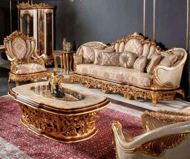 Antique Classic style Elegant Sofa set for Living Room Carved Wood Golden Sofa