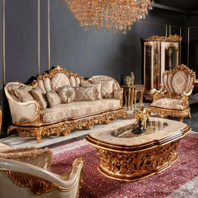Antique Classic style Elegant Sofa set for Living Room Carved Wood Golden Sofa