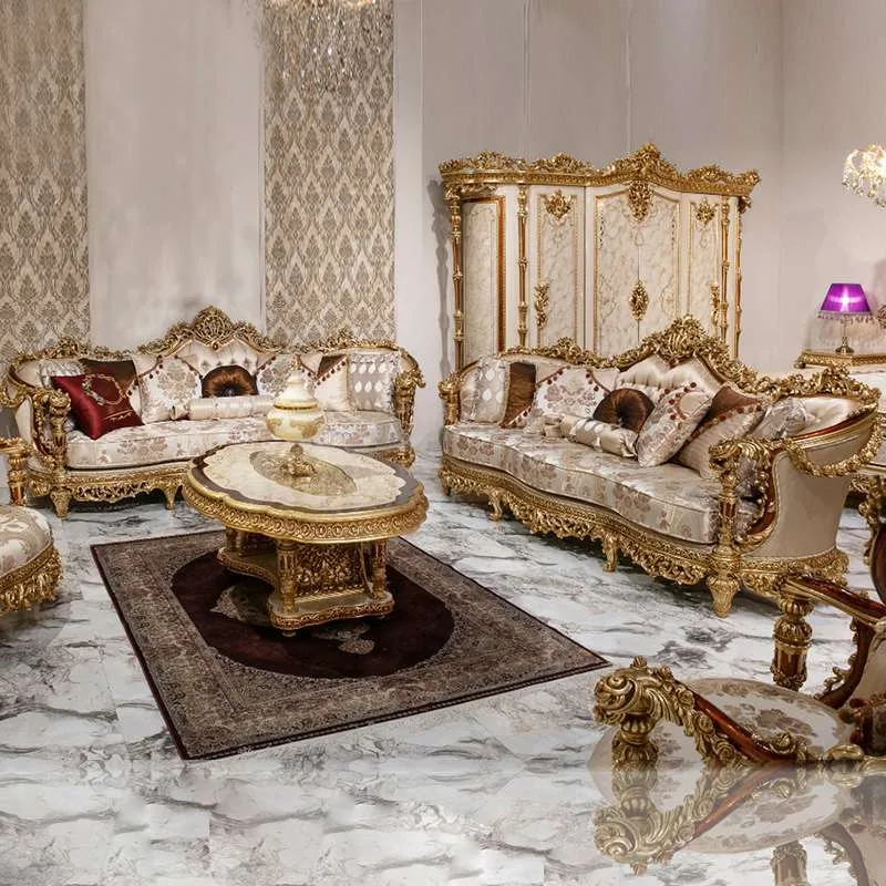 European style solid wood carved gold leaf sofa