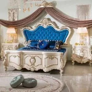 OE-FASHION Blue fabric bed European style solid wood carving frame bed