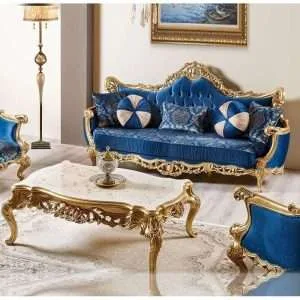 OE-FASHION Luxury blue fabric sofa European style solid wood carving sofa