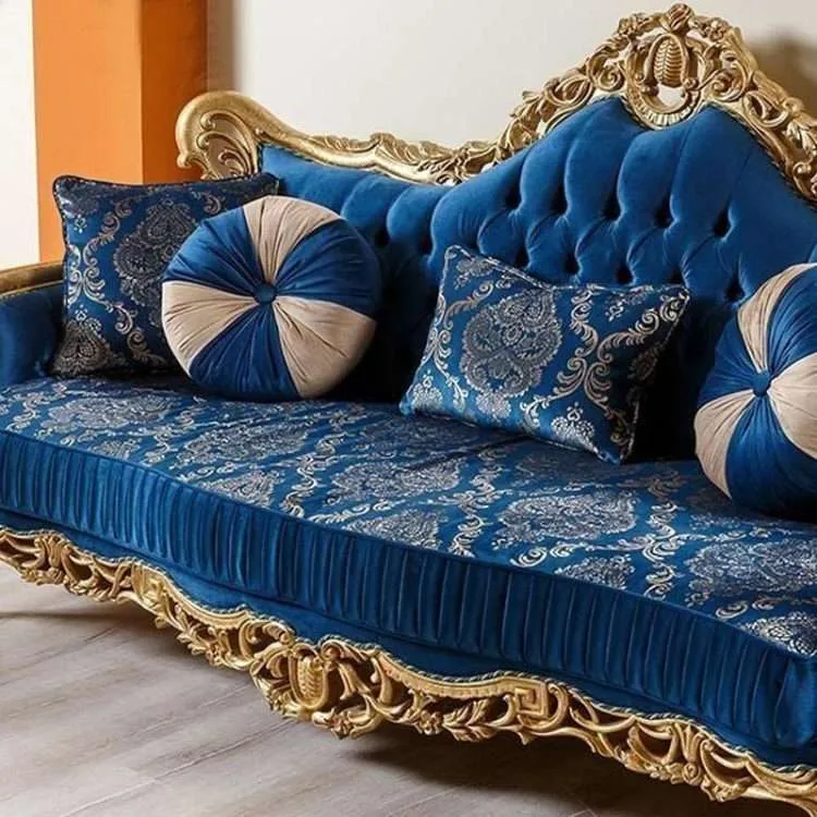 OE-FASHION Luxury blue fabric sofa European style solid wood carving sofa
