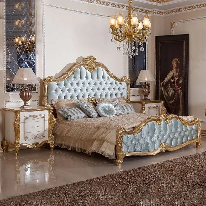 OE-FASHION French Gold Double Bed Frame Blue Fabric Bed
