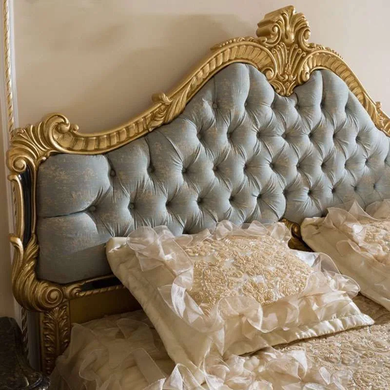 French Gold Double Frame Blue Fabric Bed detail view – Beds design