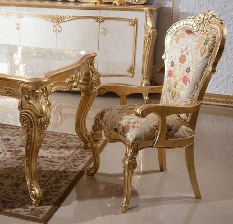 OE-FASHION French Neoclassical Rectangular Golden Wood Carved Dining Table